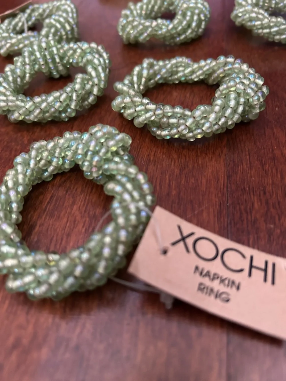 Xochi Green Glass Beaded Napkin Rings, Set of Eight